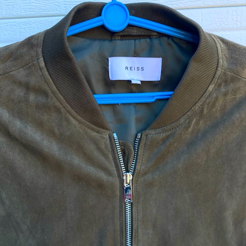 Reiss Suede Bomber Jacket - Medium - Olive Green